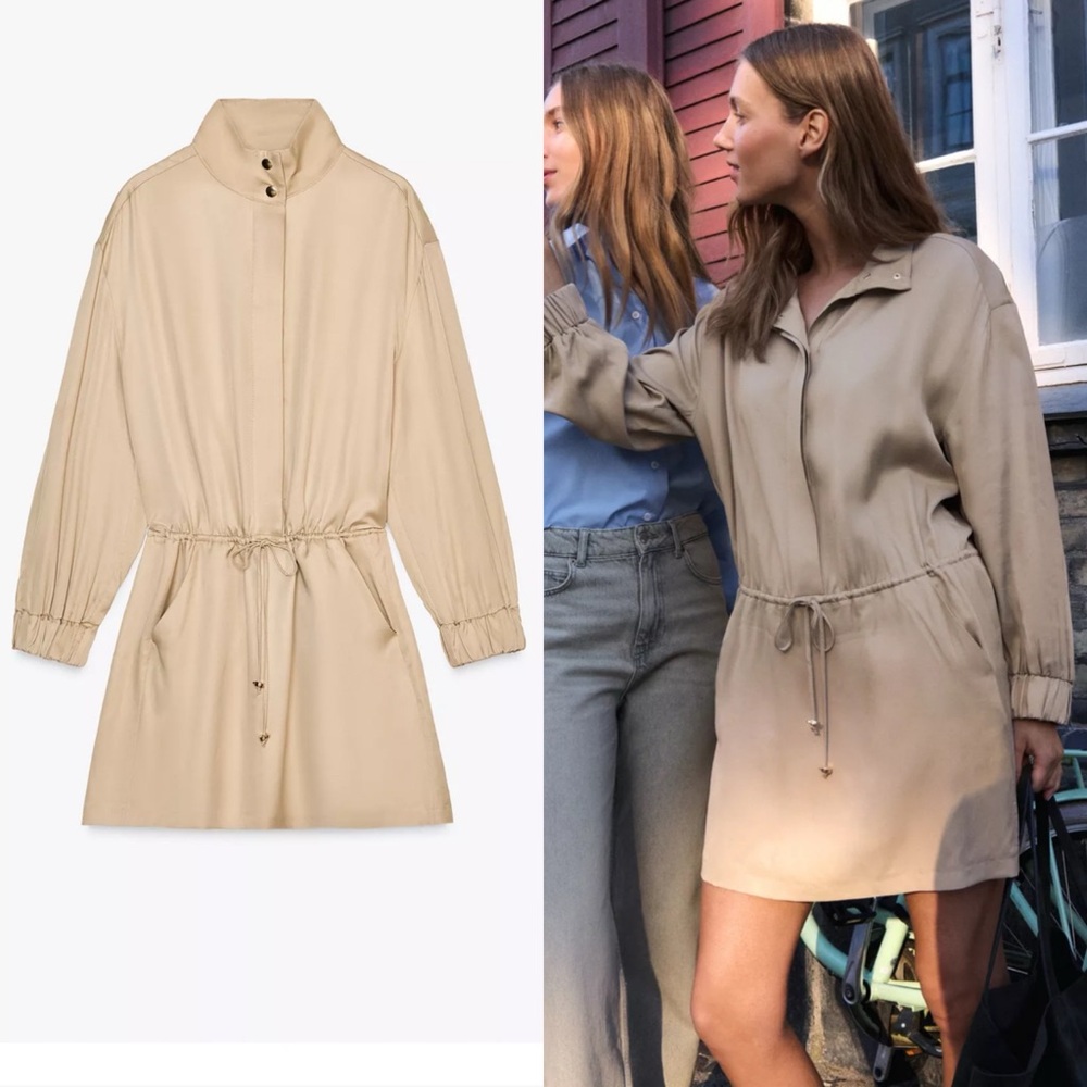 Zara NWT satin cream taupe long sleeve drawstring waist mini dress